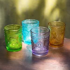 Tumbler Drinking Cups, 3.75 in. Vintage Pressed Glass, Assorted, 4 pk