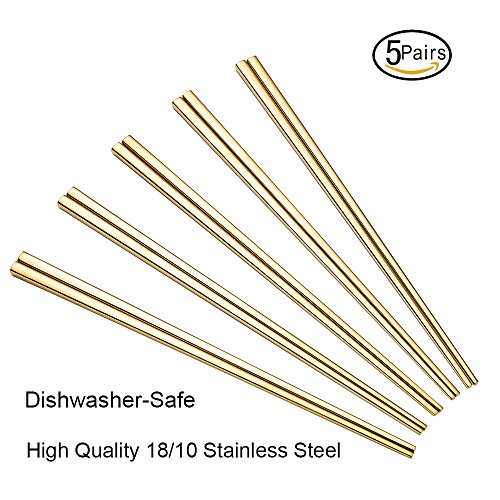 18/10 Stainless Steel Chopsticks 9 Inches Long Reusable Classic Style and Steel Chopsticks Anti-skid design Lightweight Chopstick Set for Kitchen Dinner,Dishwasher-Safe 5 Pairs Silverï¼ˆGoldï¼‰