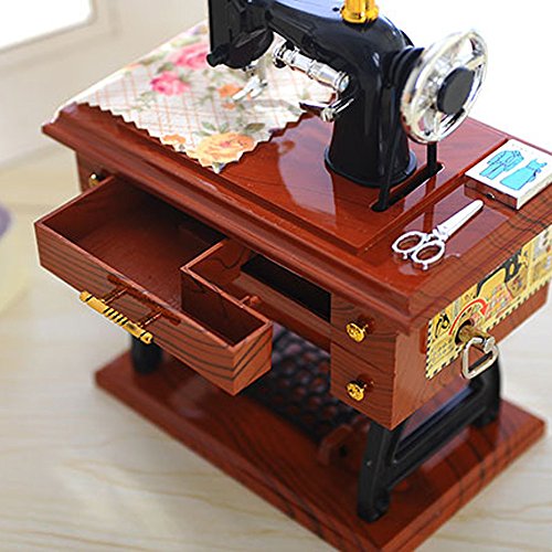 Gbell Mini Vintage Sewing Machine Music Box Toy - Home Table Decoration Ornaments - Mechanical Retro Music Box Christmas Birthday Gift for Kids Girls Boys Adults (Brown) - Thumbnail 2