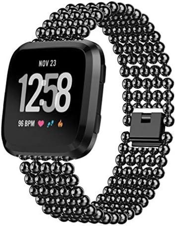 Blueseao Fitbit Versa Jewelry Bracelet, Handmade Genuine Five Round Beads Alloy Watch Band Wrist Strap For Fitbit Smartwatch Replacement Strap (Black)