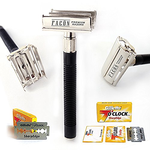 [BLACK] - Facón Double Edge Long Handled Classic Vintage Heavy Duty Safety Razor for Smooth Wet Shaving Experience - Butterfly Premium Design - Includes 5 Luxury Platinum DE Razor Blades