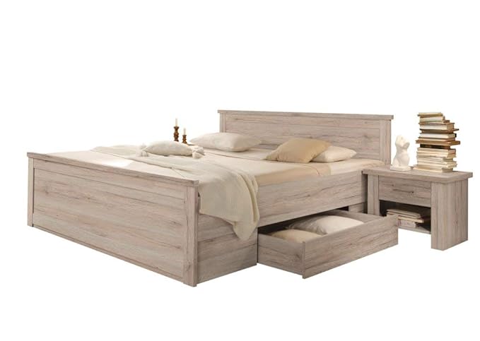 trend-moebel Bett Doppelbett Bettanlage 180x200 cm mit 2 Nachtkommoden Eiche Sanremo-hell Luca Komforthöhe
