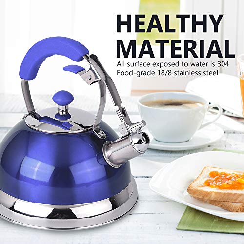 Premium Quality 18/8 Food Grade Heavy Gauge Blue Stainless Steel Whistling TEA KETTLE with Ergonomic Soft Grip Anti-Hot Handle BY UNIWARE- Stovetop pot 2.7 qt. 12 Cup Teapot - Thumbnail 2