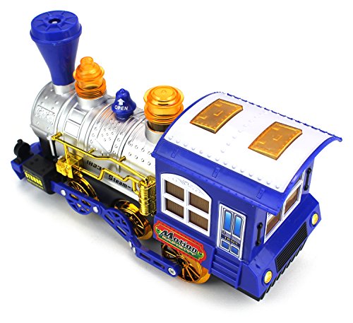 Blue Steam Train Locomotive Engine Car Bubble Blowing Bump & Go Battery Operated Toy Train w/ Lights & Sounds (Blue) - Thumbnail 4