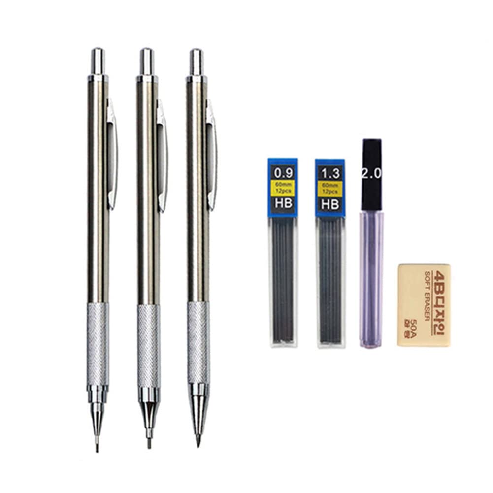 MROOFUL 0.3 0.5 0.7 0.9 1.3 2.0mm Mechanical Pencil Set Full Metal Art Drawing Painting Automatic Pencil with Leads Office School Supply (0.9 1.3 2.0mm Pencil)