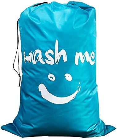 Outdoorfly Large Drawstring Laundry Bag 24" x 36",Nylon Collapsible Travelling Bags Storage Blouse, Underwear, Garment, Shirts, Stocking Socks Washing Bin Bags(Blue Smile)