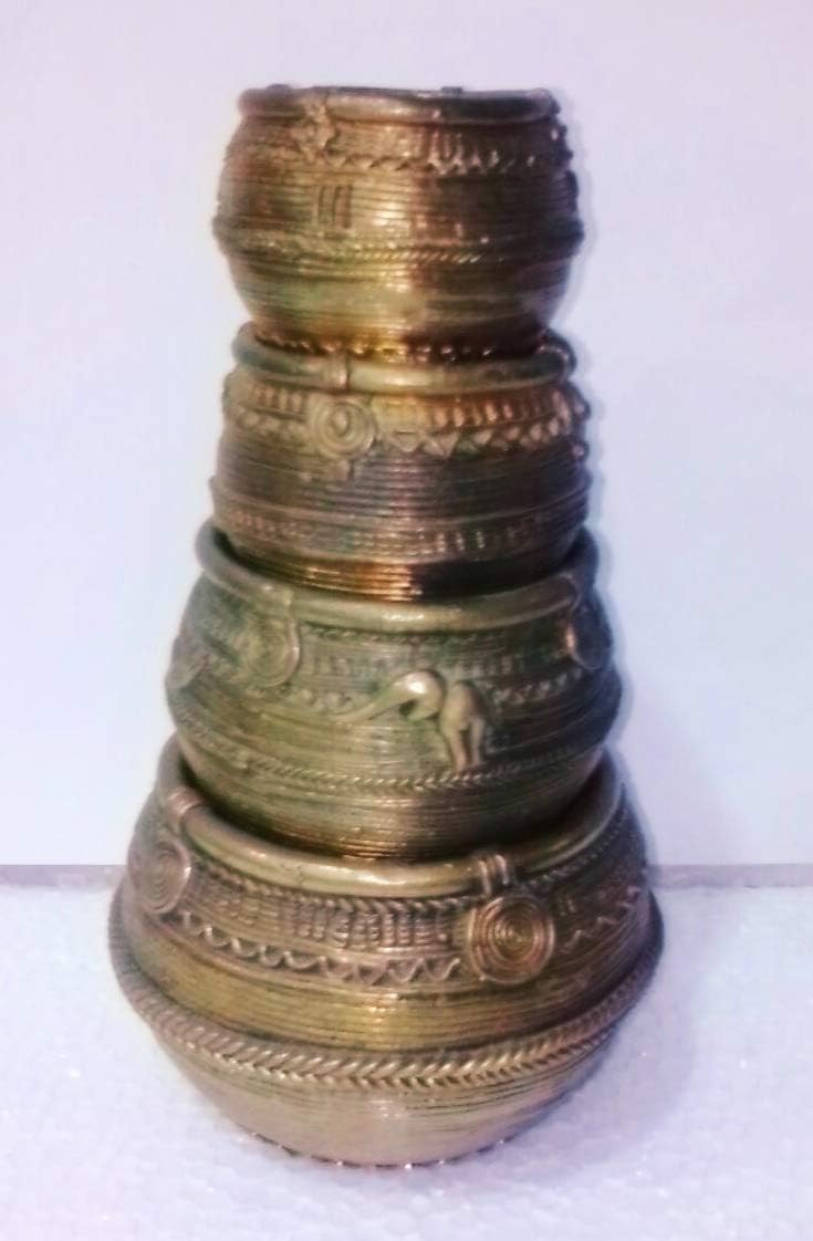 Sankalan Art Gallery Handicrafts Brass Tribal Handicraft, Set of 4 , Separately Sitting Upon Each Other, Total Size 3x10 inch, Gold