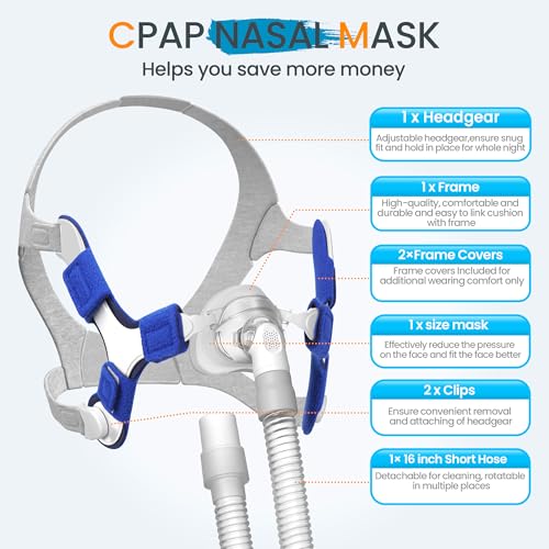 CPAP Nasal Mask, Including Cushion, Frame, Headgear and Short Tube – Good Performance, Compatible with Airfit N20, Reliable Seal for Comfortable All-Night CPAP Therapy Use, JOY33-02 Version (M)