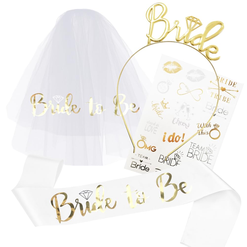 TOPWAYS Hen Party Accessories Bride to Be Sash Set, Hen Do Accessories Includ Bride Sash Tiara Tattoo Veil for Bride to Be, Bachelorette Bridal Shower Wedding Party Decorations (Gold+White sash)