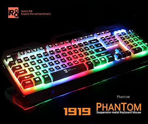 Gaming keyboard &amp; mouse combo Phantom aluminum panel rainbow with 7 LED lightting modes and USB wired gaming + high precision and color white . .