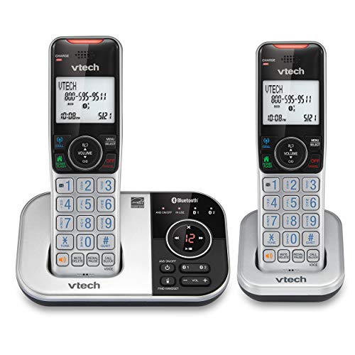 vtech vs112-2 dect 6.0 bluetooth 2 teléfonos inalámbricos para el hogar con contestador automático, bloqueo de llamadas, identificador de llamadas, intercomunicador y conexión a celular 