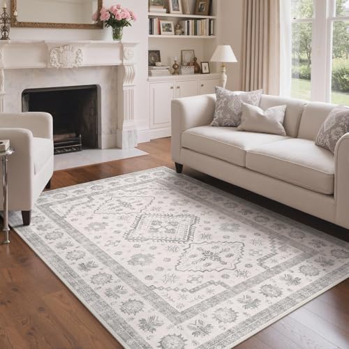 GENIMO Teppich Wohnzimmer 160X230 cm Vintage Waschbar Silbergrau Blau