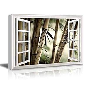 Modern White Window Looking Out Into Large Sepia Bamboos - Canvas Art Home Art - 24x36 inches