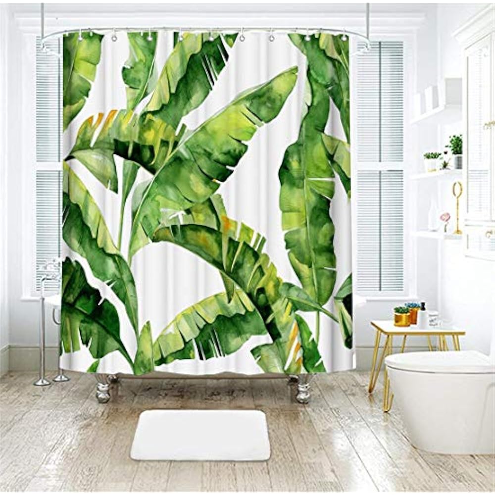 Shower Curtain Set With 12 Hooks Tropical Plant Palm Leaf Print Bath