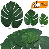 ElaDeco 90 Pcs Artificial Tropical Palm Leaves Luau Party Decoration Monstera Fake Large Green Leaf for Hawaiian Luau Party Decorations Jungle Beach Birthday Theme BBQ Party Supplies (3 Size)