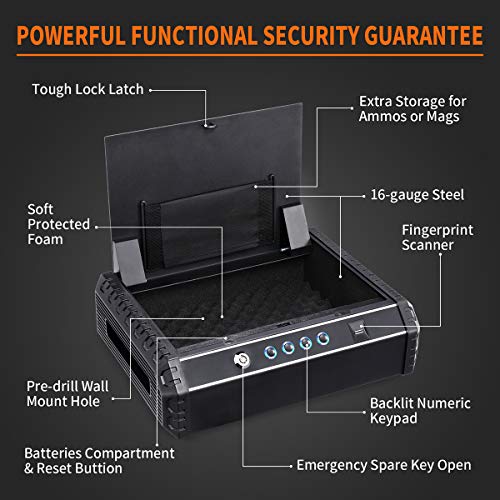 PRYMAX Biometric Gun Safe, Smart Pistol Safe with 4 Digits Code, Wall Mount Bracket, Quick Access with Auto-Open lid, 2 Handgun Capacity, Gun Cabinet for Home and Car Security