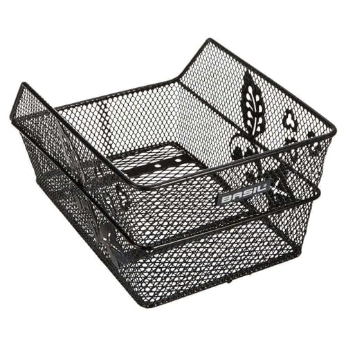 Basil Cento Flower Kinder-Fahrradkorb – Hinterrad – fest montierbar – 31×21×9 cm – Stabiler Stahlkorb – Schwarz