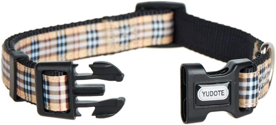 YUDOTE Adjustable Black Nylon Dog Collars Medium with Tartan Plaid Begie Ribbon for Dogs Neck 31-49cm - Image 3