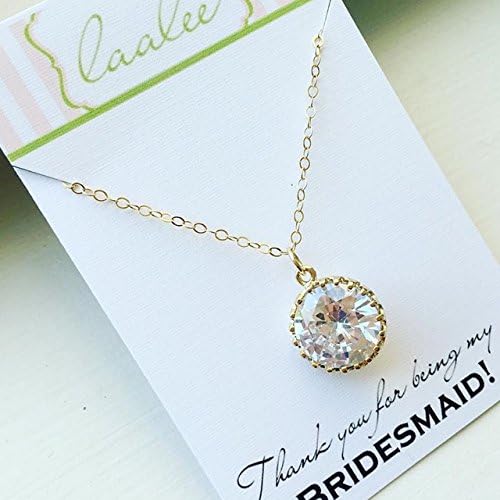 Clear Crystal Necklace Cubic Zirconia Jewelry 14k Gold Filled Chain Round Pendant Necklace Thank you for being my Bridesmaid Jewelry Card
