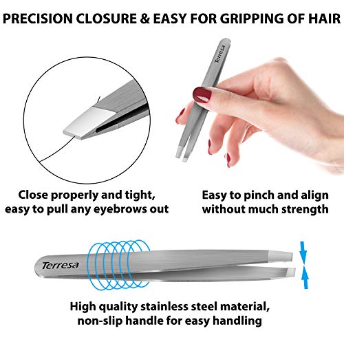Tweezers Precision for Eyebrows, Terresa 4 Pack Tweezer Set for Ingrown Hair Removal, Professional Brow Remover Tools for Women and Men, Hair Plucking Daily Beauty Tool with Leather Case