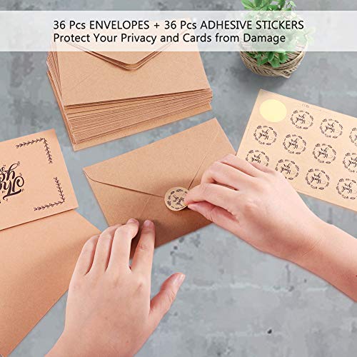 36 Bulk Thank You Cards, 6 Designs of Brown Assorted Thanks Notes Thank U Greeting Note Card Set Blank Inside with Brown Kraft Paper Envelopes and Stickers for Business Wedding Graduation Baby Shower - Thumbnail 2