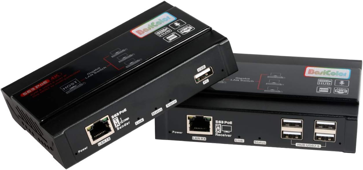 Basicolor 4K PoE HDMI KVM USB Extender Over IP, One to Many POE 328ft via Ethernet Cat5e Cat6, 4K@30Hz 4:4:4 HD Lossless & Near Zero Latency Video Extender, Independent EDID with 4 USB2.0