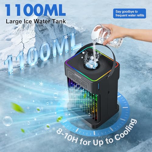 Portable Air Conditioners, 2026 Upgraded 4-IN-1 Quiet Portable AC Unit with Remote, 1100ML Tank Evaporative Air Cooler, 7 Color Light Personal Mini Air Conditioner for Bedroom,Office, Camping, Car,RV