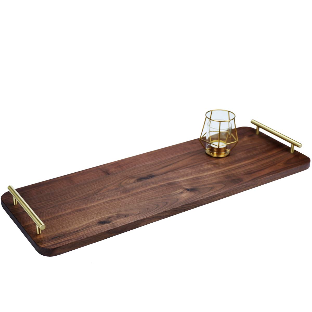 MAGIGO 28 x 10 Inches Extra Long Rectangle Large Walnut Wood Ottoman Plank Tray with Pure Copper Handles, Serve Tea, Coffee or Breakfast in Bed, Classic Wooden Decorative Serving Tray