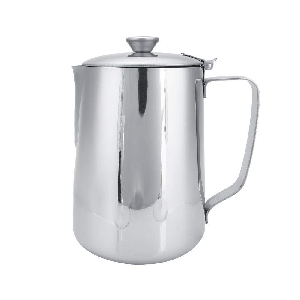 Stainless Steel Coffee Cup Mug Milk Frothing Pitcher Jug with Lid for Latte Coffee Art The Professional Standard Dial in Milk Pitcher for Office Kitchen with Handle(1000mL)