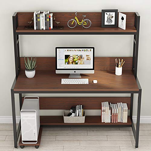Tribesigns 55" Large Computer Desk with Hutch, Morden Writing Desk with Bookshelf, PC Laptop Study Table Workstation for Home, Cherry Brown+ Black Legs