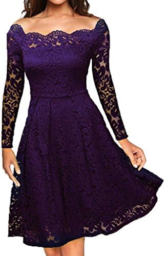 Kangma Women Vintage Off Shoulder Lace Formal Evening Party Dress Long Sleeve Dress