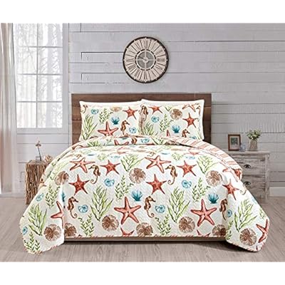 Great Bay Home 3 Piece Nautical Reversible Quilt Set with Shams. Beach Theme Coastal Bedspread Coverlet. Castaway… 51TK2DE2VHL