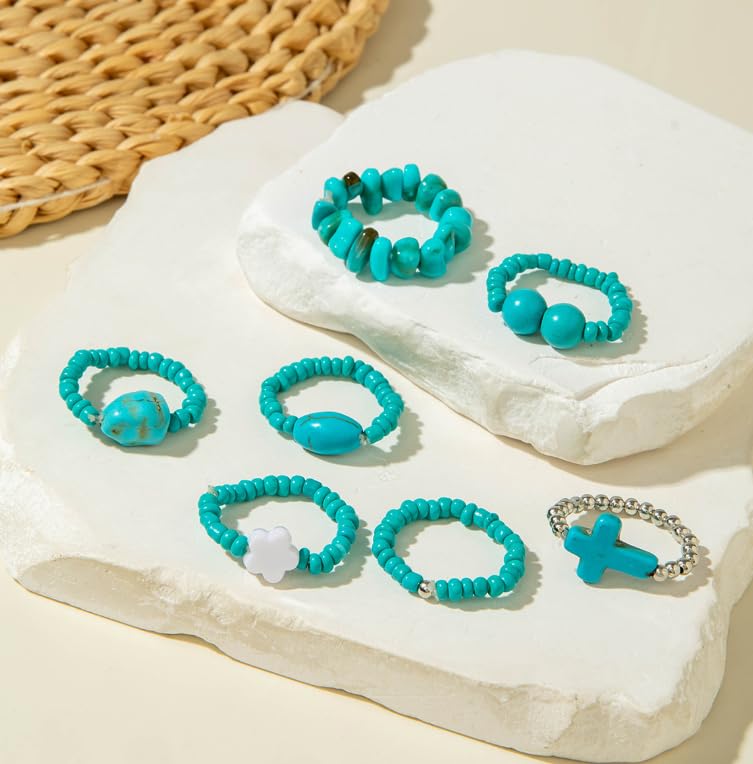 XAM Bohemian Turquoise & Imitation Pearl Elastic Ring Set - Adjustable Geometric Cross Beaded Statement Rings for Casual & Special Occasions