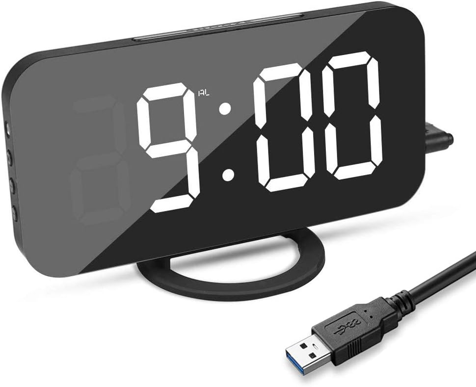 Alarm Clock, Bedroom LED Nightstand Clock for Heavy Sleepers, Digital Clock with Large and Clear LED Display, Mirror Surface, Automatic Dimming Mode, Simple Snooze Function, Dual USB Charger Ports