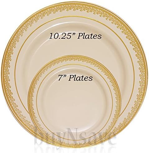 buyNsave Cream with Gold Heavyweight Plastic Elegant Disposable Plates, Wedding Party Elegant Dinnerware, Prestige Collection (35, 10.25" Dinner Plates)