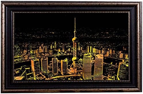Ozlvii Scratch Off Art Paint Paper Night View Scratch Board Kits 16x11 Inch, Large Size Bright Landscapr City Painting, Scratch Pen &amp; Brush and DIY Paper Included (Premium Tier with Frame, Shanghai)