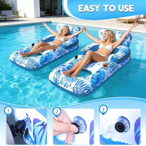 ChlorBlu Adult Inflatable Pool Mattress, Adult Swimming Pool Ring with Pillow and Handles, Drink Holder and Phone Holder, Inflatable Pool Chair for Adults, Tanning Pools