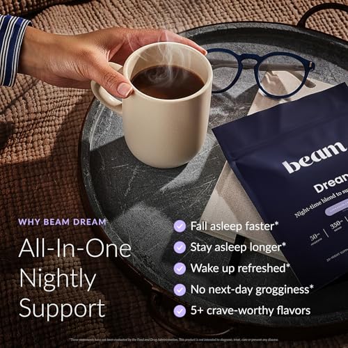 BEAM Dream Sleep Powder – Sleep Aid for Adults with Melatonin, Magnesium, L-Theanine, Reishi Mushroom & Apigenin Sleep Supplement, Sleepy Cocoa Bedtime Drink Mix, Cinnamon Cocoa Flavor, 30 Servings