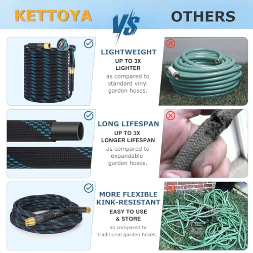 KETTOYA Non-Expanding Garden Hose 100 ft, Kink Free Flexible Water Hose with 10-Pattern Spray Nozzle, Lightweight Hose Pipe, Leak Proof, 3/4" Swivel Connectors, Super Fabric, Portable Storage Strap
