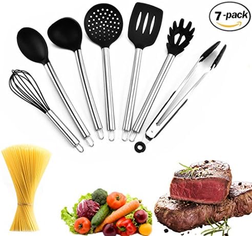 Kitchen Utensils Set Silicone Cooking Utensil - 7 Piece Stainless Steel Handle Utensils for Nonstick Pots Pans Utensil Set Including Turner Spaghetti Server Skimmer Serving Spoon Ladle Food Tong Whisk