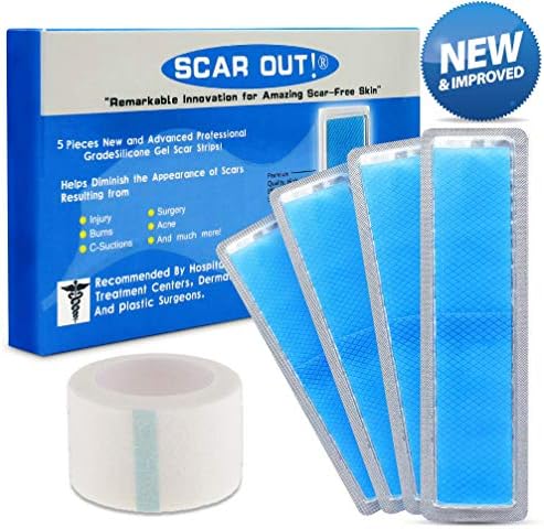 ScarOut! Silicone Scar Sheets for Scar Removal (2 Month Supply) - C Section Recovery Scar Treatment, Keloid Scar Removal and more! - 5x Silicon Sheets For Scars in two sizes - Scar Gel Silicone Tape