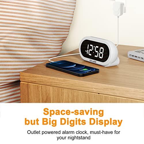 OCUBE LED Digital Alarm Clock with 5 Optional Alarm Sounds, USB Charging Port, Full-Range Brightness Dimmer, Big White Digit Display, Snooze, Adjustable Alarm Volume, Mains Powered