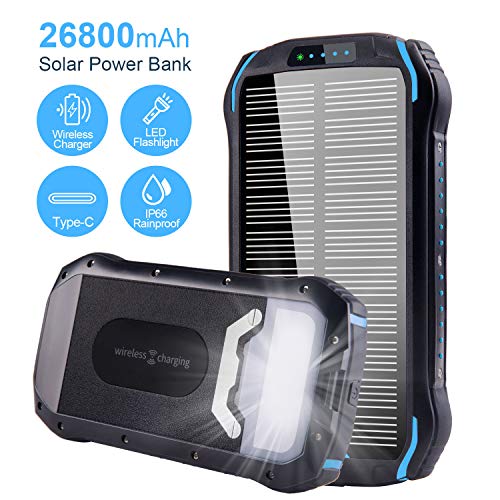 Solar Charger 26800mAh Qi Wireless Portable Solar Power Bank External Backup Battery with 4 Outputs & Dual Inputs Type-C Huge Capacity Phone Charger for Smartphones, 18LED Flashlights for Outdoor