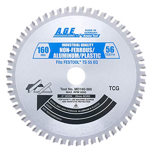 A.G.E. MD160-565 for Track Saw Machines, 160mm Dia x 56T TCG, -5 Deg, 20mm Bore, Aluminum/Plastic Circular Saw Blade