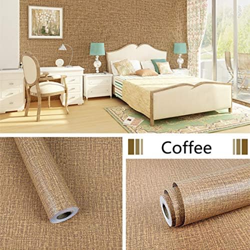 Brown Linen Contact Paper Waterproof PVC Coffee Self-Adhesive Removable Flaxen Grasscloth Peel and Stick DIY Wallpaper Vinyl Film Wall Stickers Solid Color Decorate Furniture Cabients Kitchen