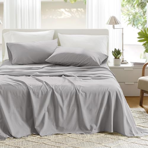Comfort Spaces 100% Cotton Sheet Set Breathable, Lightweight, Soft with 12 Elastic Pocket Fits up to 14 Mattress, All Season Cozy Bedding, Matching Pillow Case, Twin Grey 3 Piece