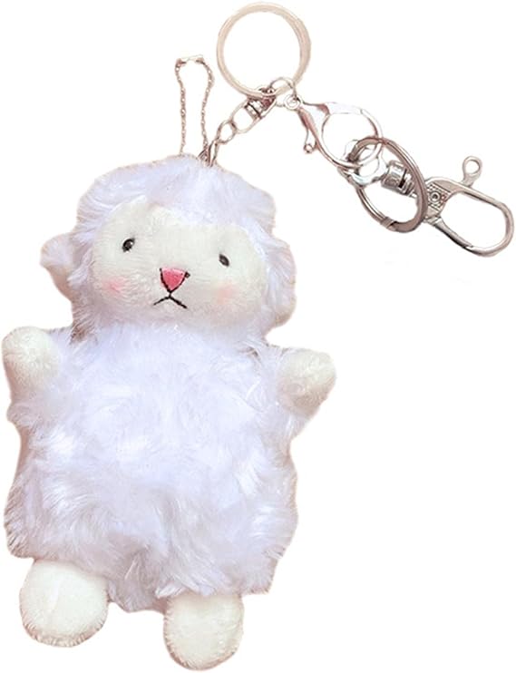 2Pcs Lovely White Sheep Keychain Fluff Sheep Toys Keyring Funny Purse