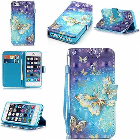 iPhone 5S Case,iPhone SE Case,GOODTONY [Card Slot] Stylish Lovely 3D Painting Leather Case Magnetic Closure Wallet skin Flip Cover Folio Case Wrist Strap for Apple iPhone 5s /5 /SE (Gold Butterfly)