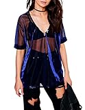 HaoDuoYi Womens V Neck Metallic Mesh Sheer See Through Half Sleeve T Shirt Top(L,Blue)