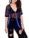 Haoduoyi Womens V Neck Metallic Shimmer Mesh Perspective Half Sleeve T Shirt Top(L,Blue)
